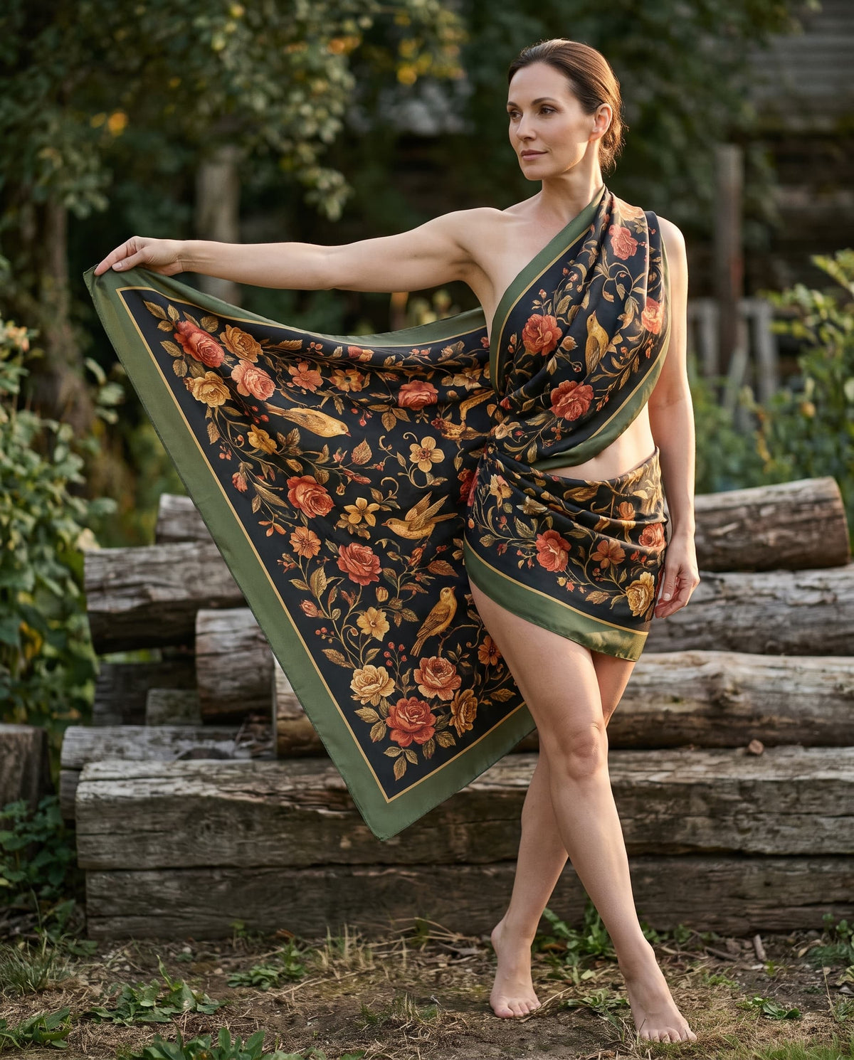 Woman wearing a black shawl with rose and bird prints