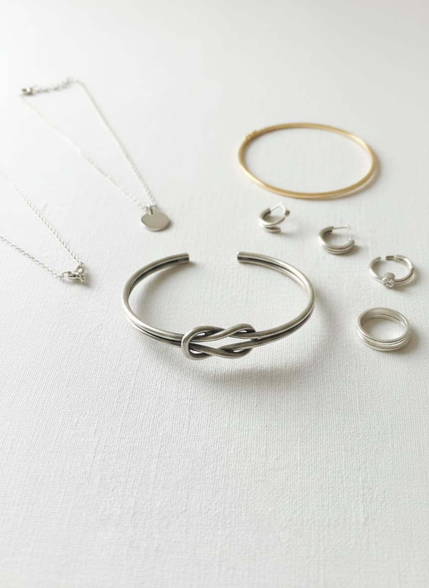 Silver-tone knot bangle styled in a flatlay with silver jewelry