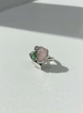 Silver raw crystal trio ring on white background