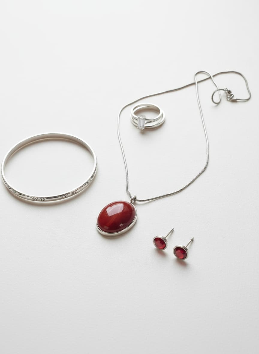Silver-plated agate necklace styled in a flatlay with silver jewelry