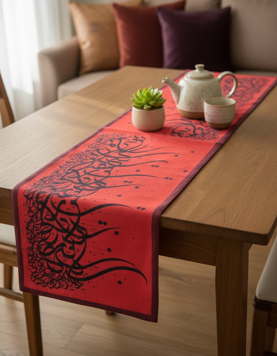 Red velvet runner with black Persian calligraphy