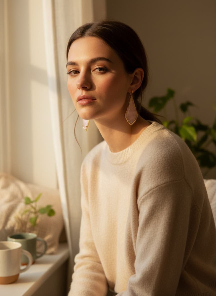 Model wearing the gold-plated pink Czech glass earrings