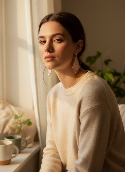 Model wearing the gold-plated pink Czech glass earrings