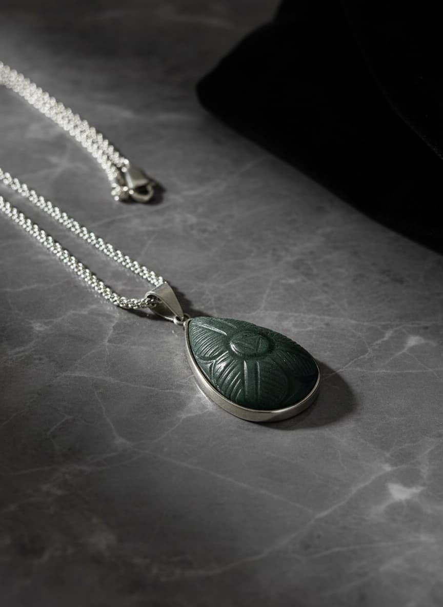Carved Green Stone Pendant Necklace by Adrissa Design — view 4