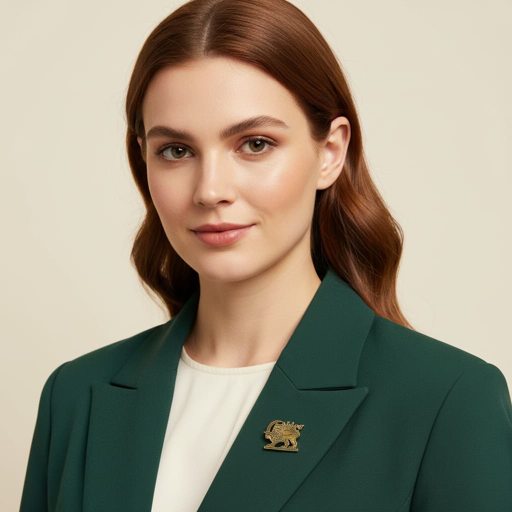 Model wearing the gold lion and sun brooch on a green blazer lapel