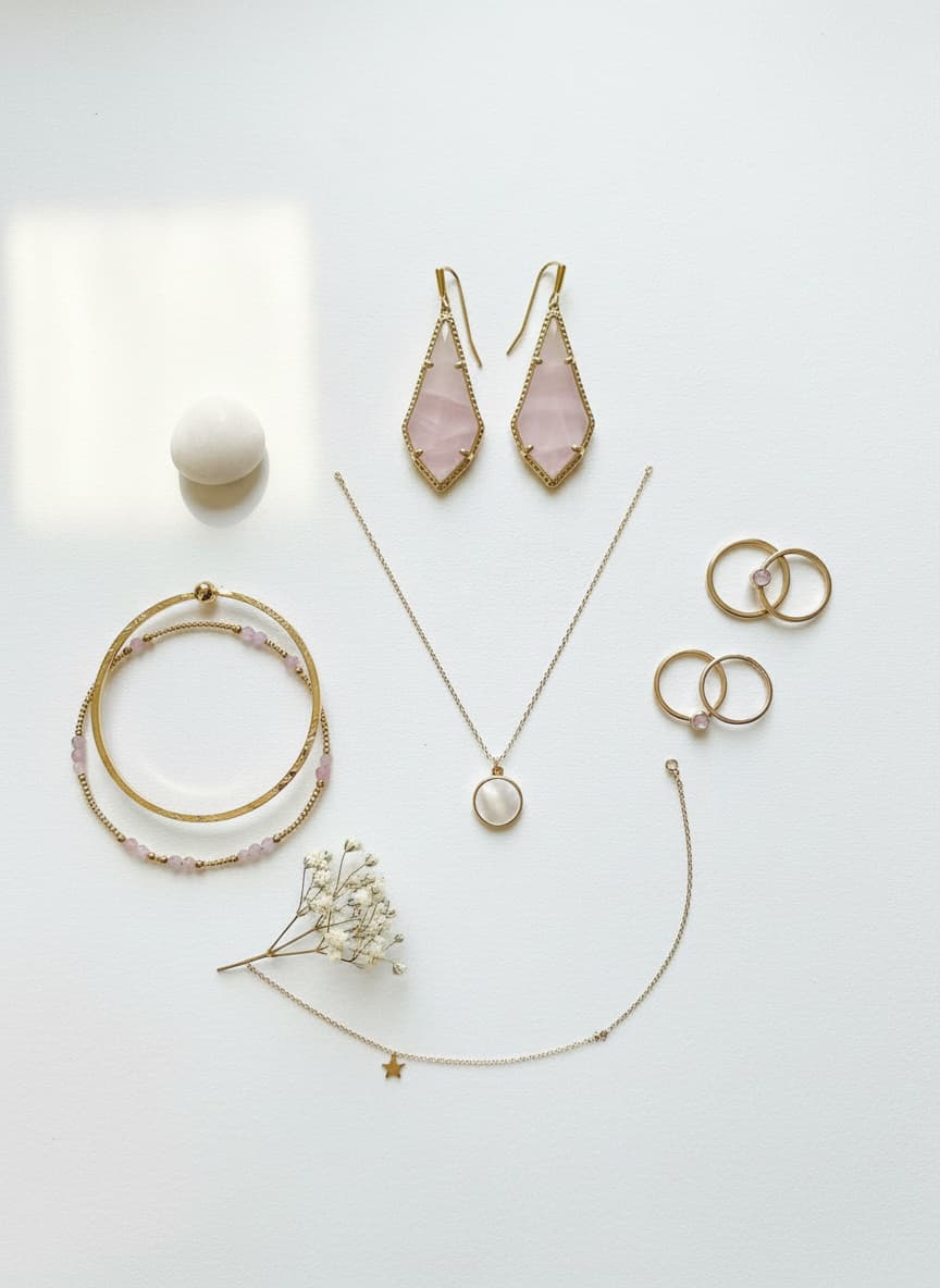 Gold-plated pink earrings styled in a flatlay with gold jewelry