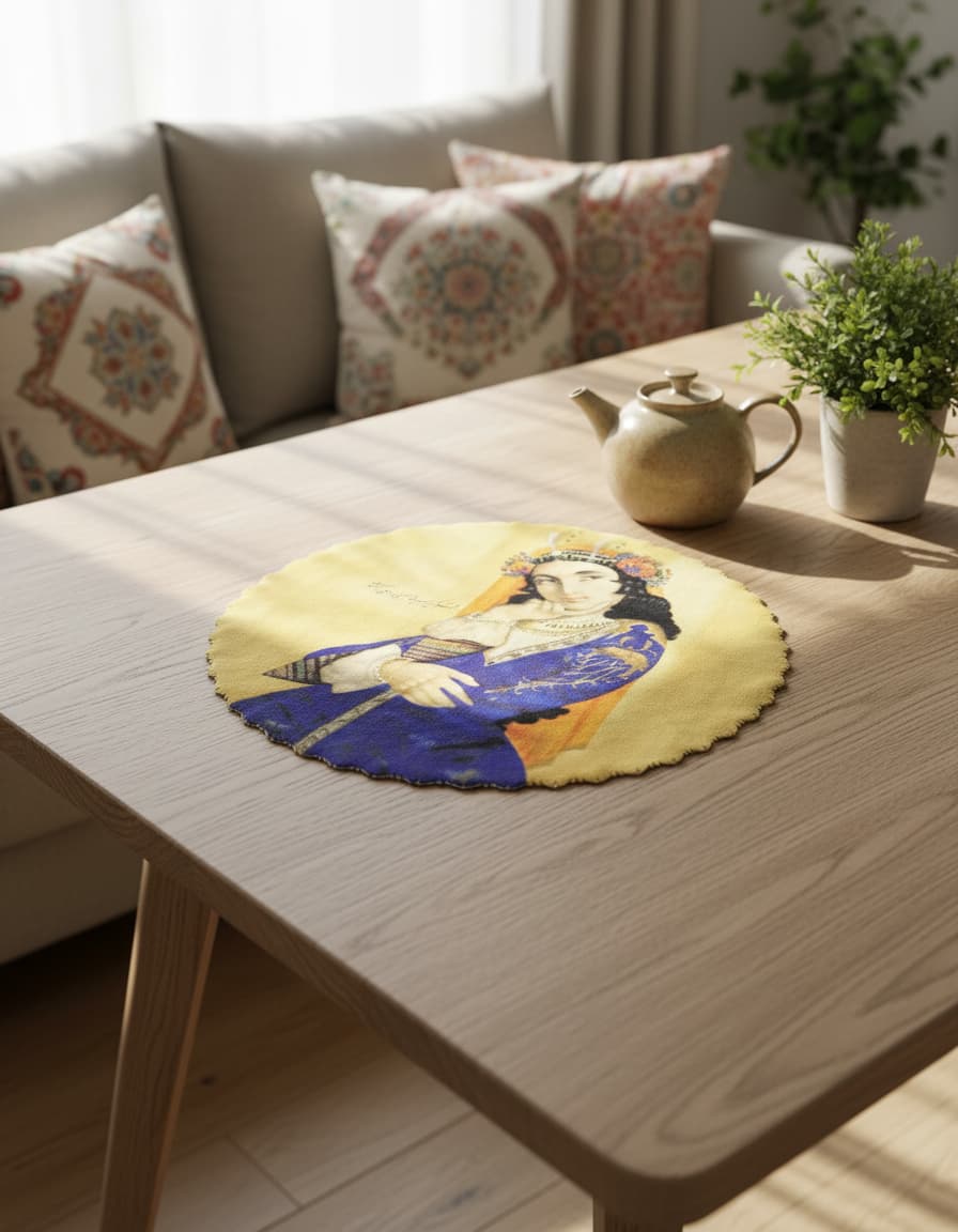 Round blue and gold portrait table mat