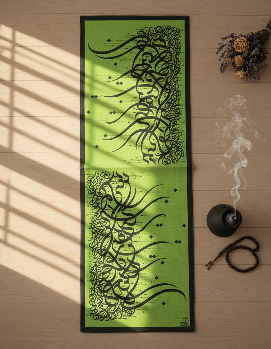 Green runner close-up of black calligraphy