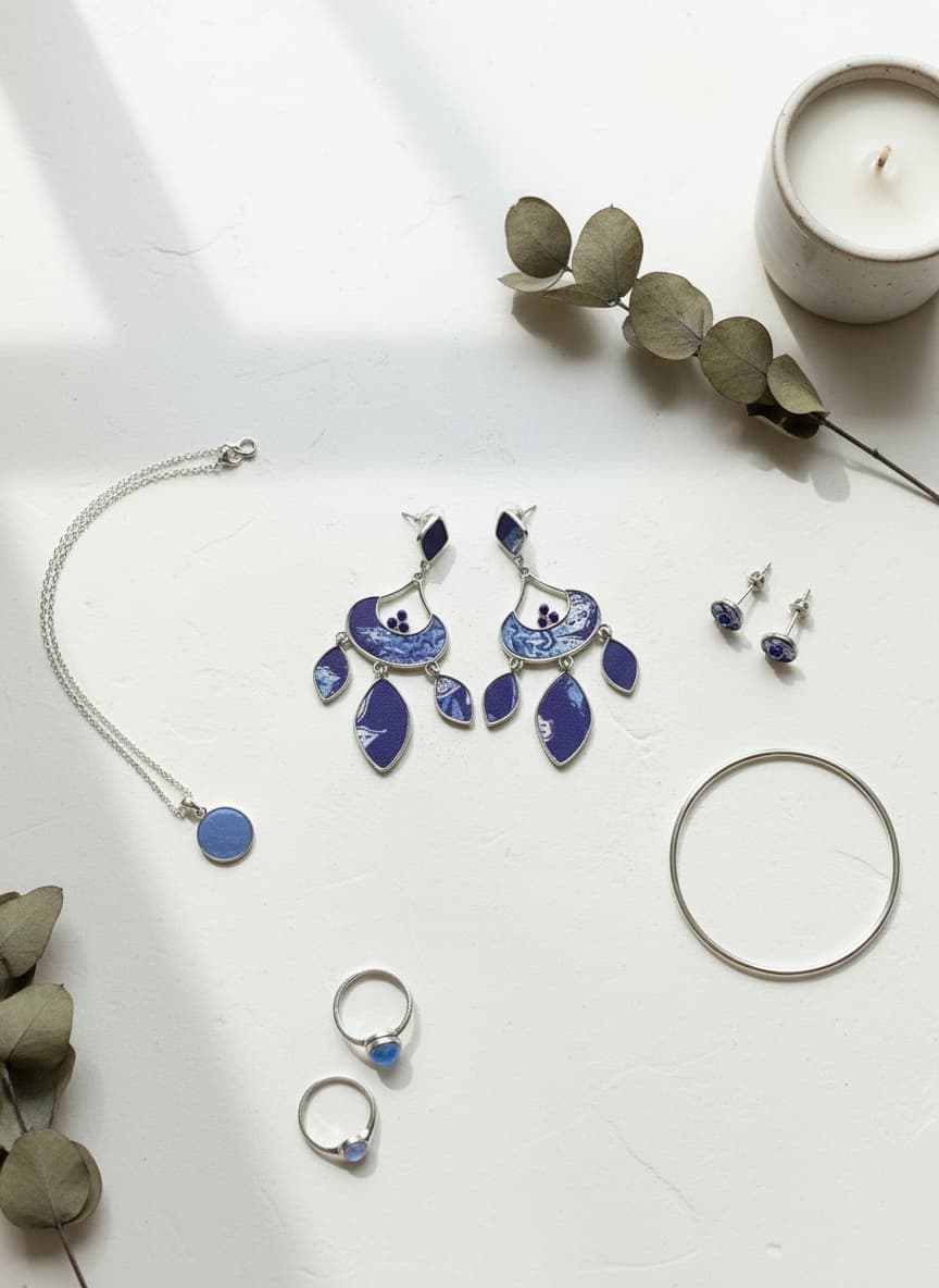 Silver-plated blue earrings styled in a flatlay with silver jewelry