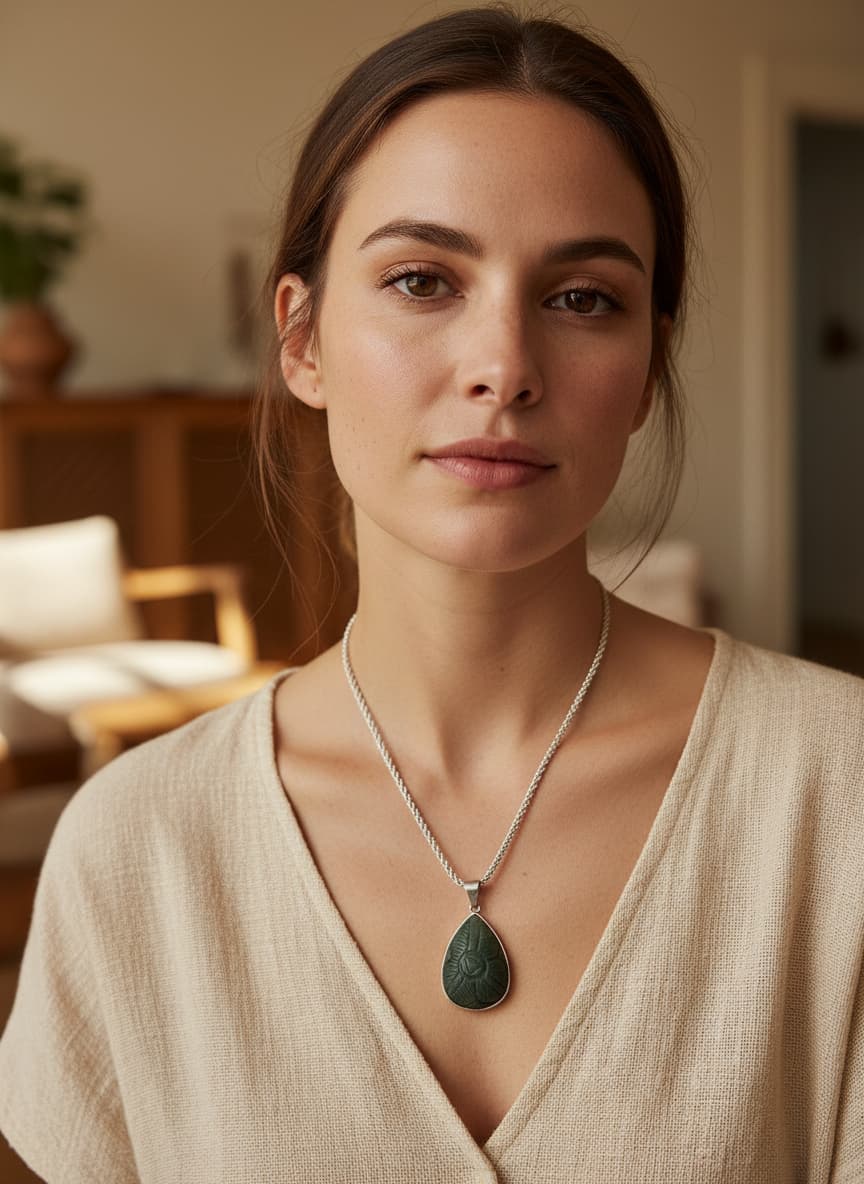 Carved Green Stone Pendant Necklace by Adrissa Design — view 2