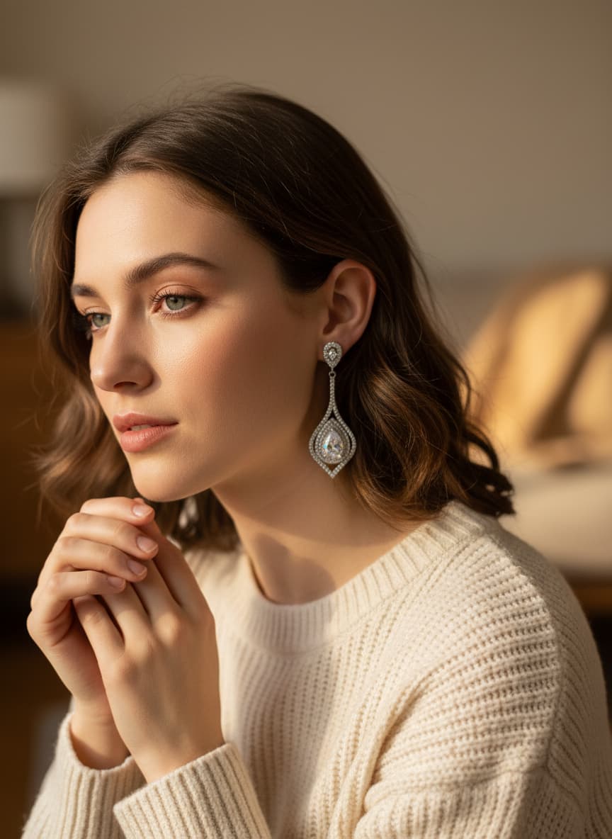 Model wearing the silver-plated teardrop earrings
