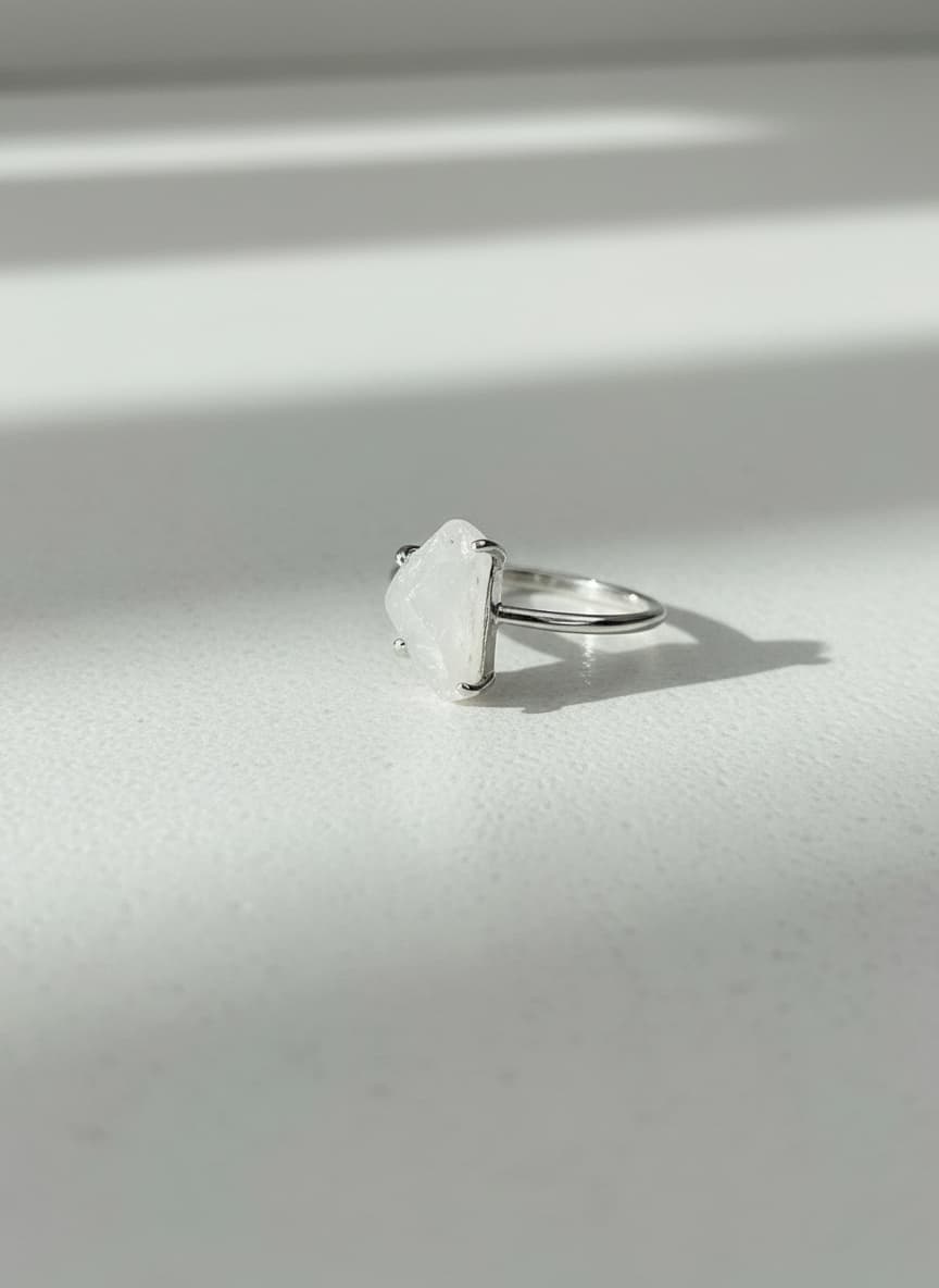 Silver-tone ring with an irregular white stone in a prong setting on a light textured surface.