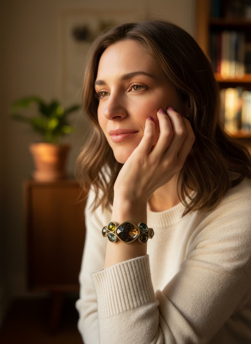 Model wearing the gold-color Czech crystal bangle