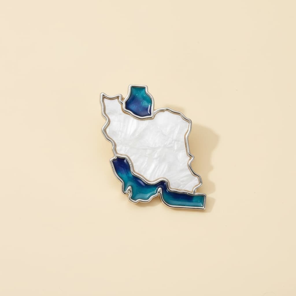 Silver-tone Iran map brooch with blue enamel seas