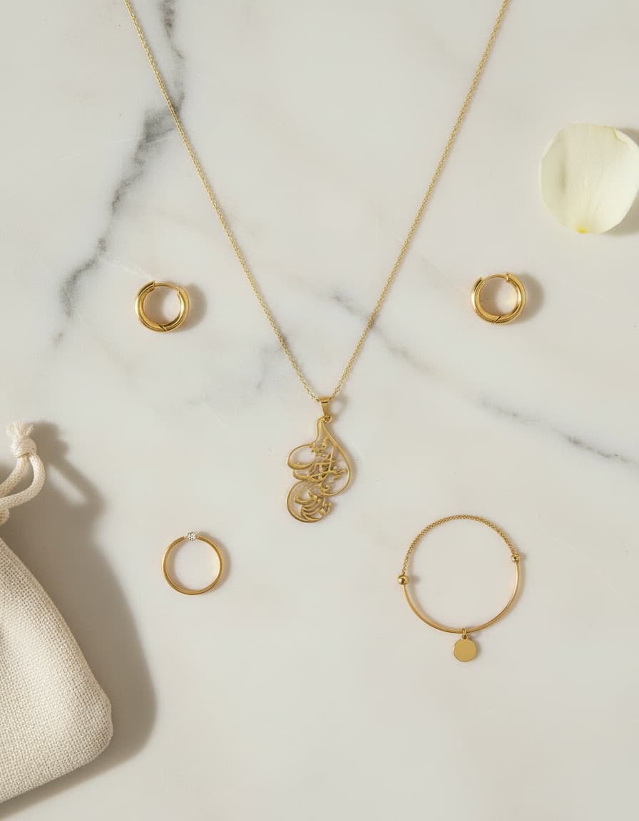 Gold-plated Persian calligraphy pendant necklace styled in a flatlay with gold jewelry