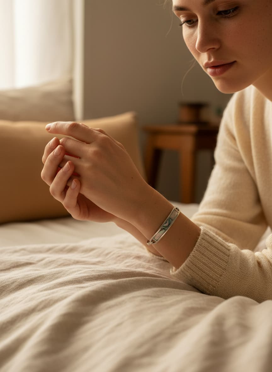 Model wearing the silver-tone shell bangle