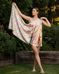 Beige shawl with cherry blossom print and white lattice