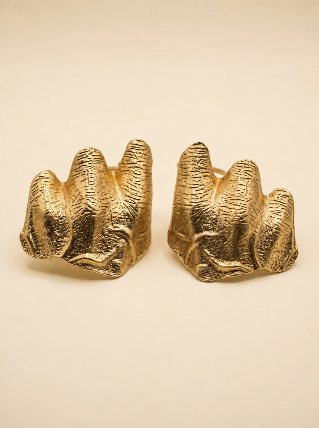 Gold-plated hammered statement ring, front and back view