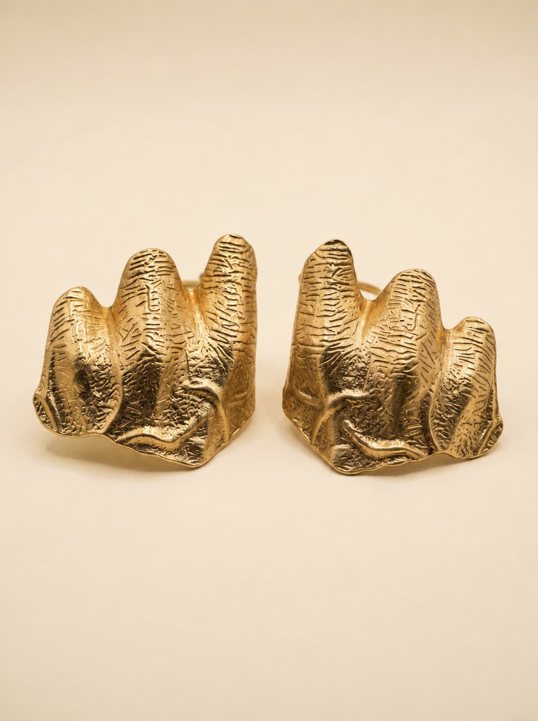 Gold-plated hammered statement ring, front and back view