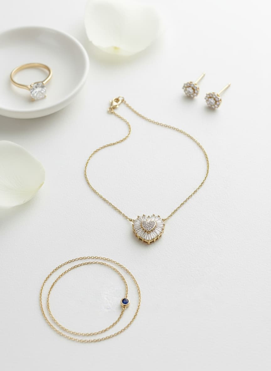 Gold-plated heart necklace styled in a flatlay with gold jewelry