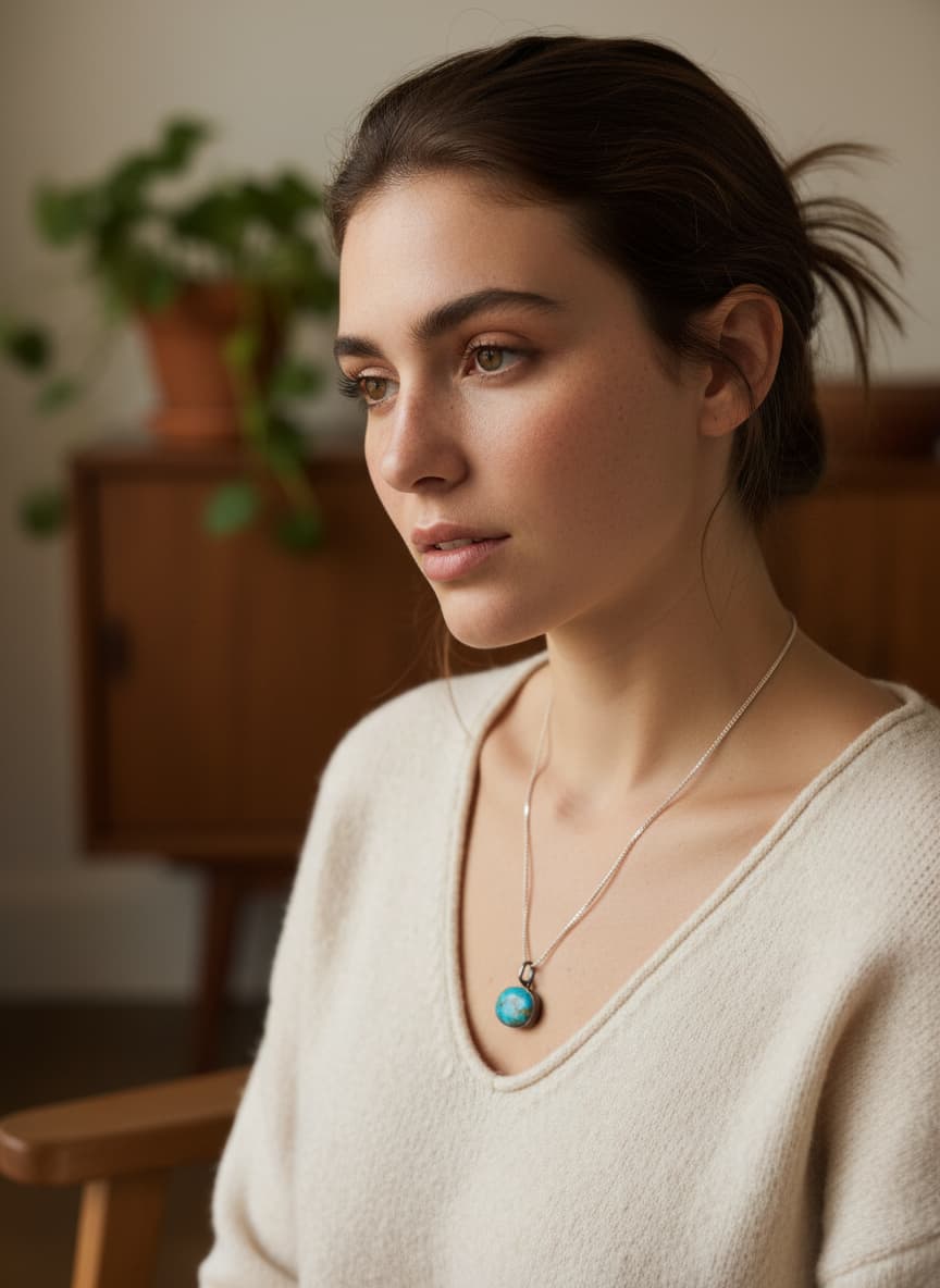 Model wearing the turquoise pendant necklace