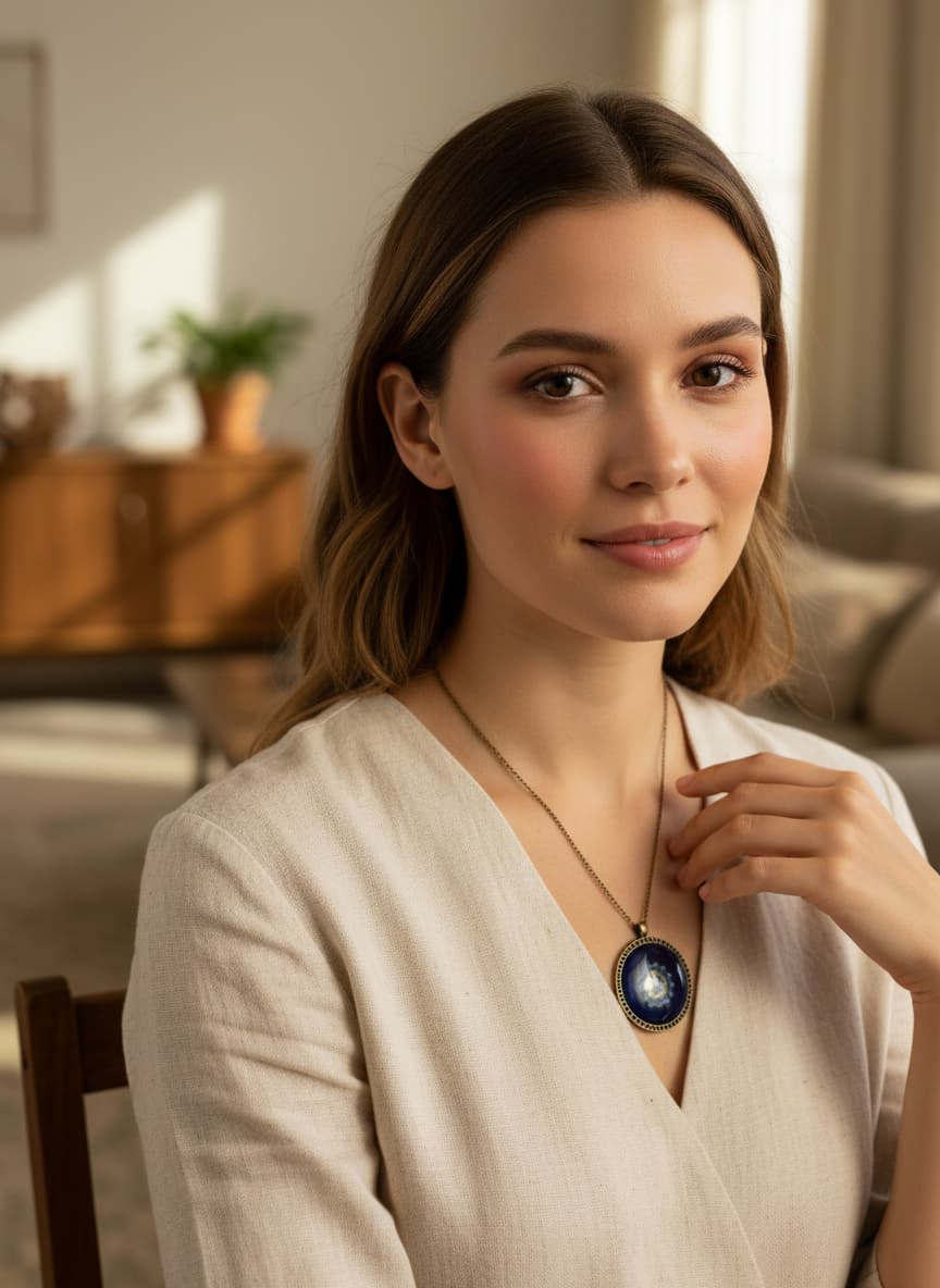 Model wearing the bird and water necklace
