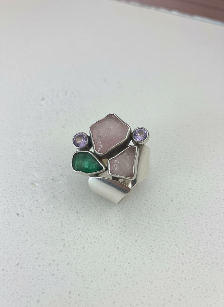 Rose Quartz & Amethyst Cluster Ring