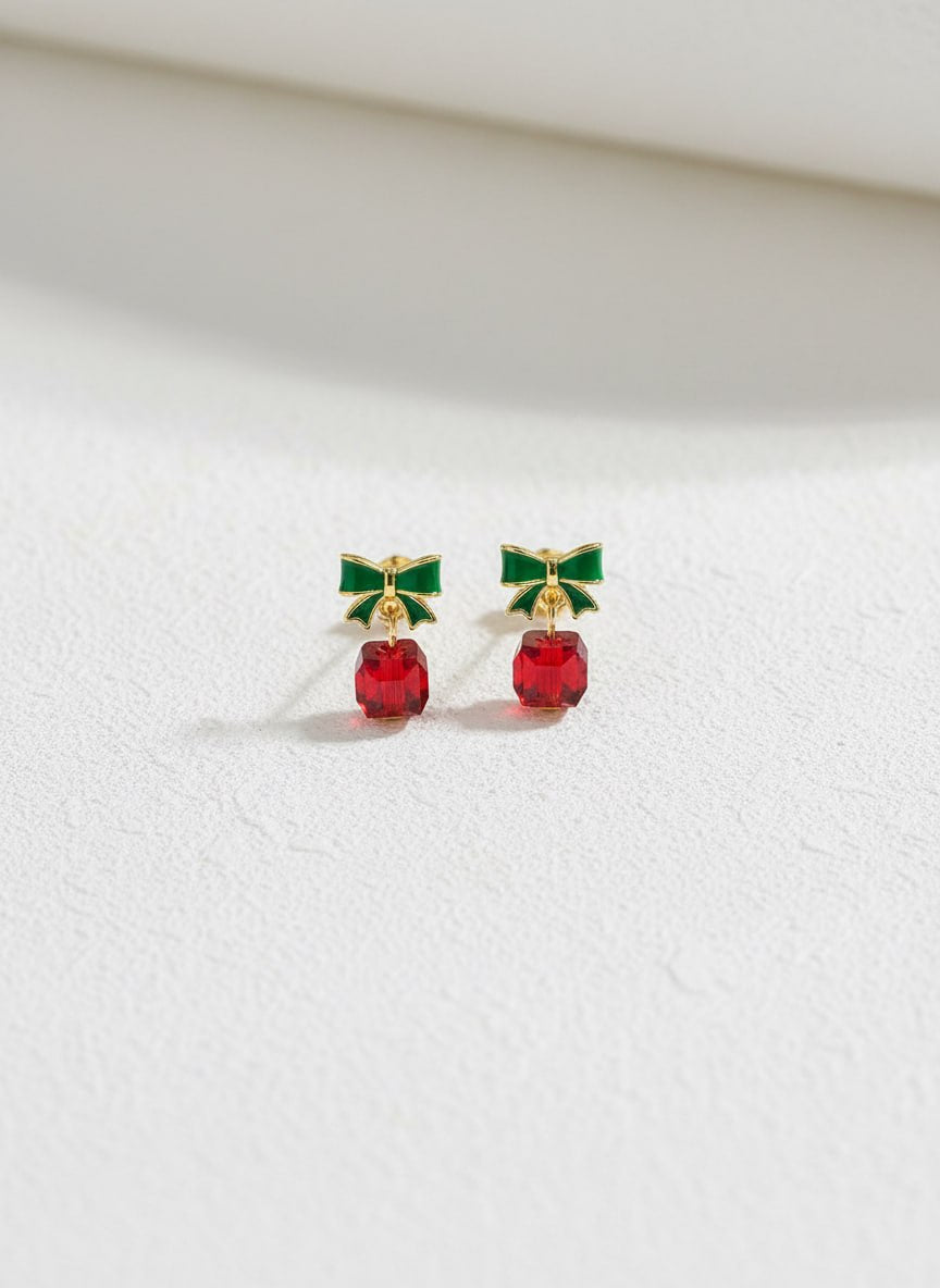 Ribbon Bow Gem Stud Earrings