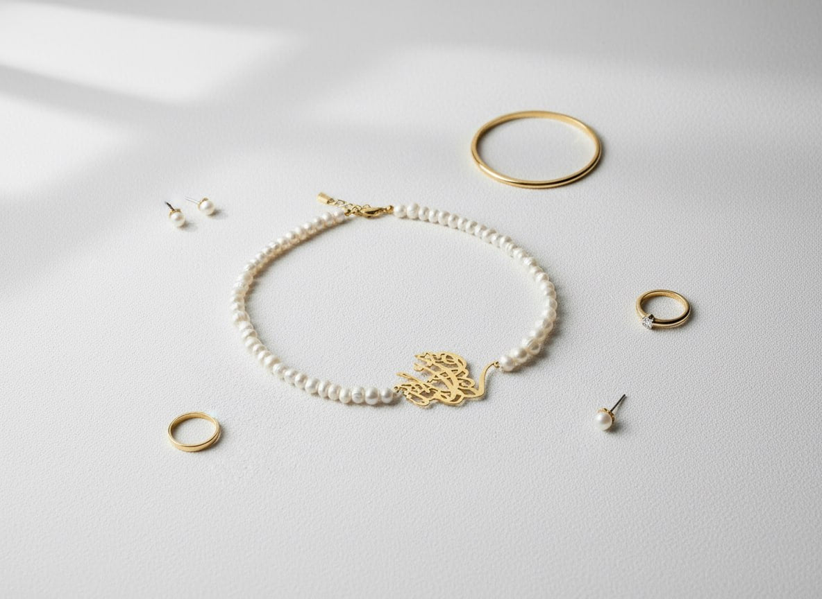 Pearl & Calligraphy Charm Necklace