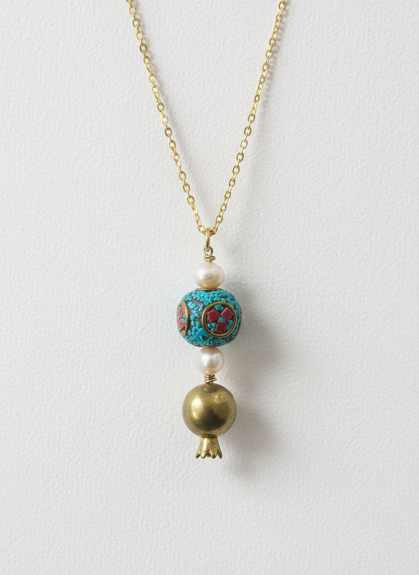 Gold-plated turquoise mosaic pomegranate necklace with freshwater pearls and brass charm