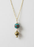 Gold-plated turquoise mosaic pomegranate necklace with freshwater pearls and brass charm