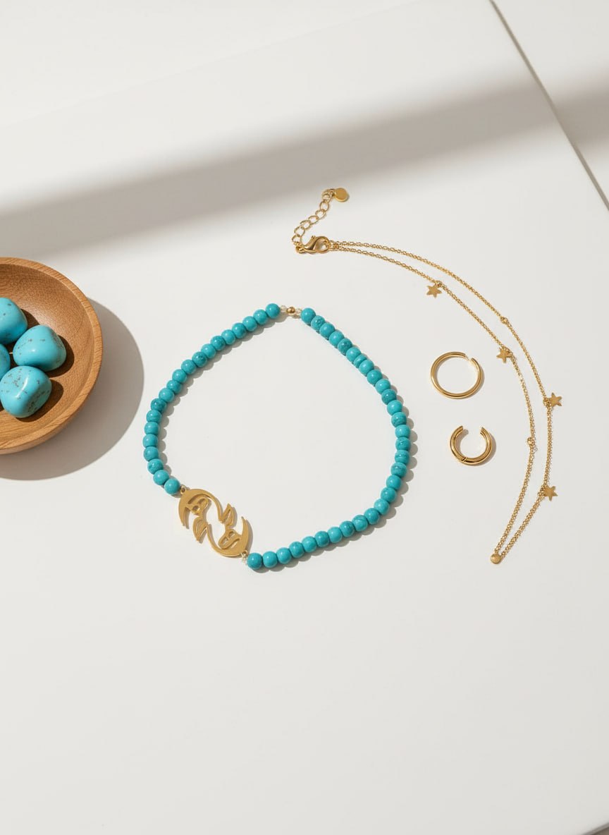 Turquoise Beaded Calligraphy Centerpiece Necklace