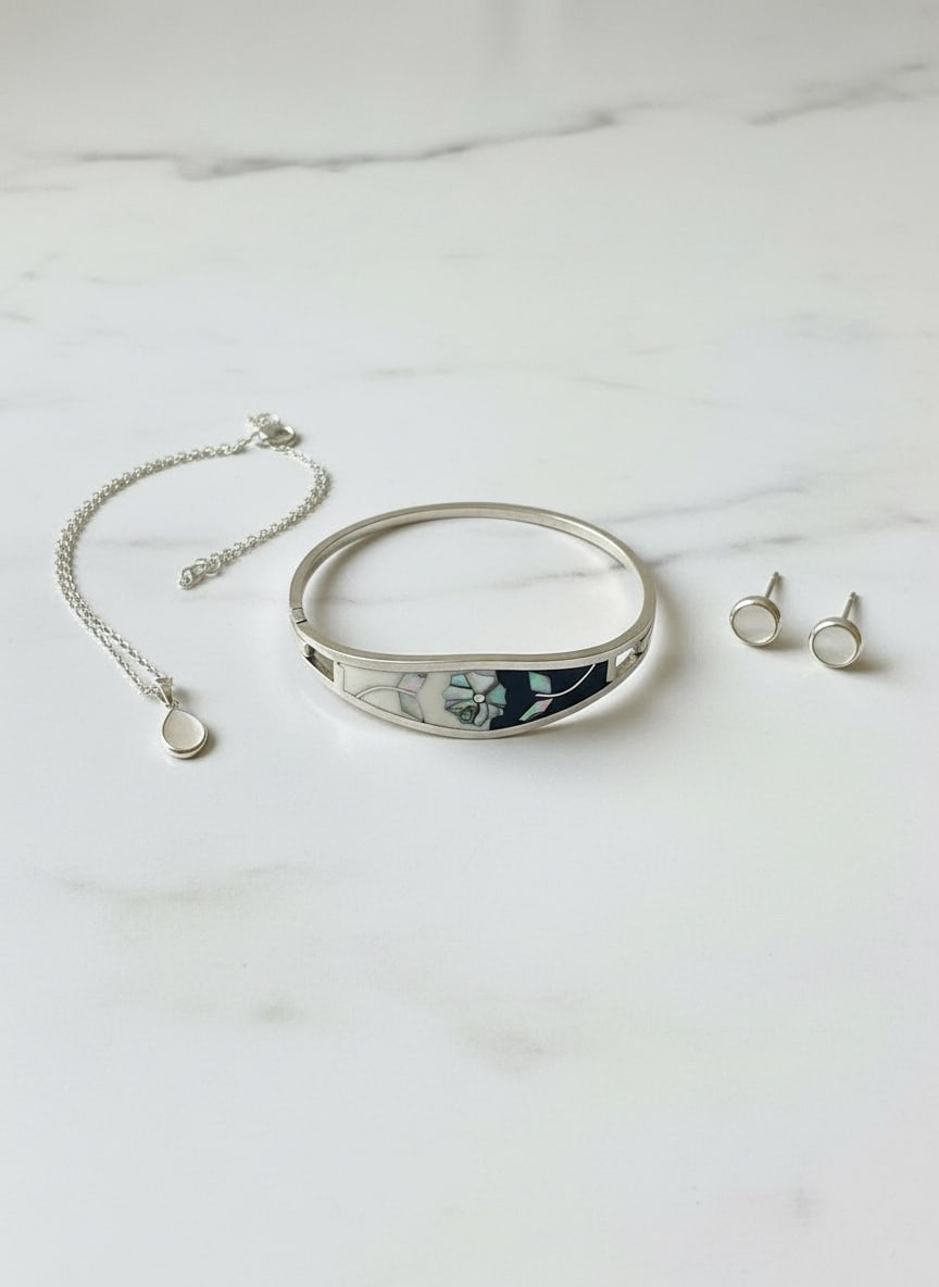 Abalone Floral Silver Bangle