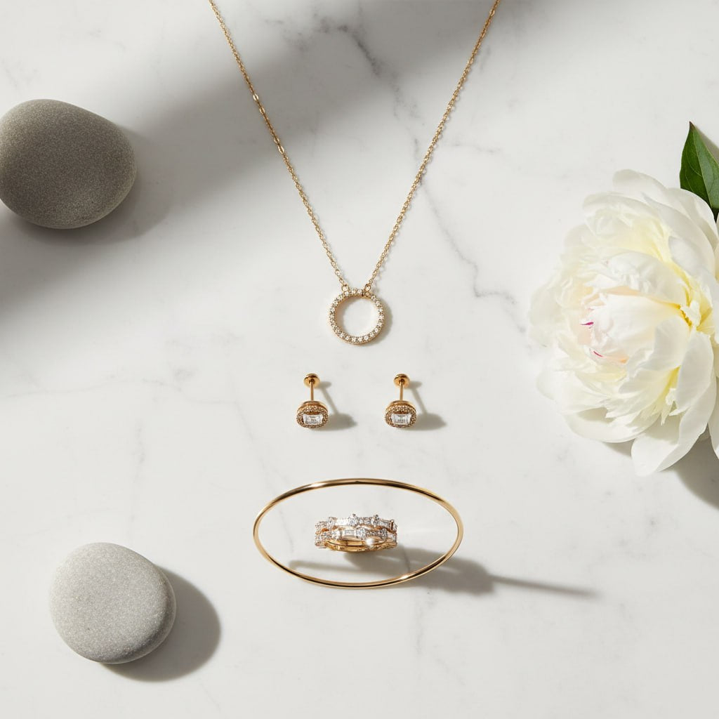 Diamond Circle Jewelry Set flat lay