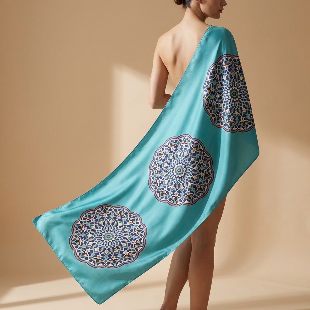 Teal silk scarf with ornate Persian tile medallion print