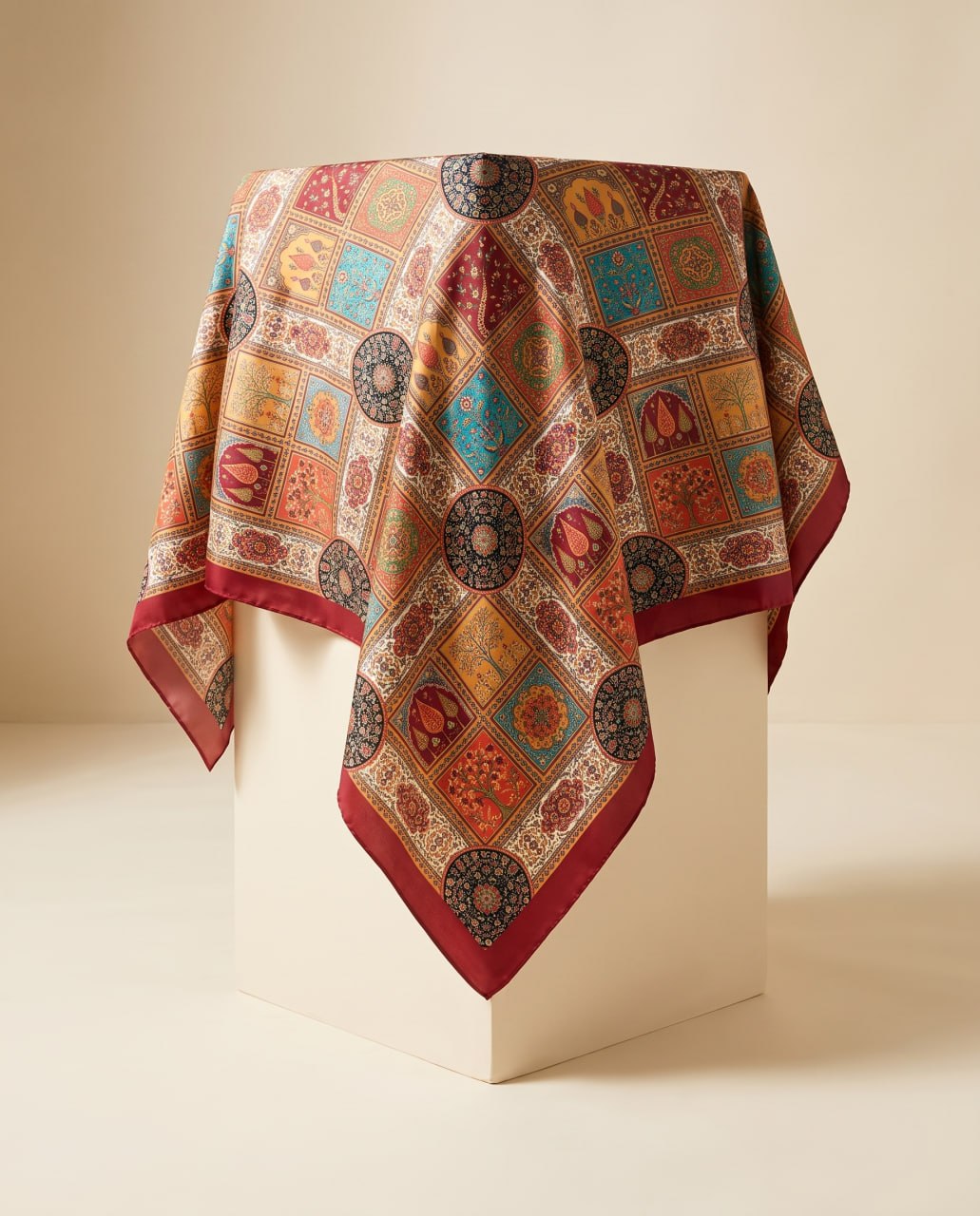 Vault of Tabriz Silk Scarf on display stand