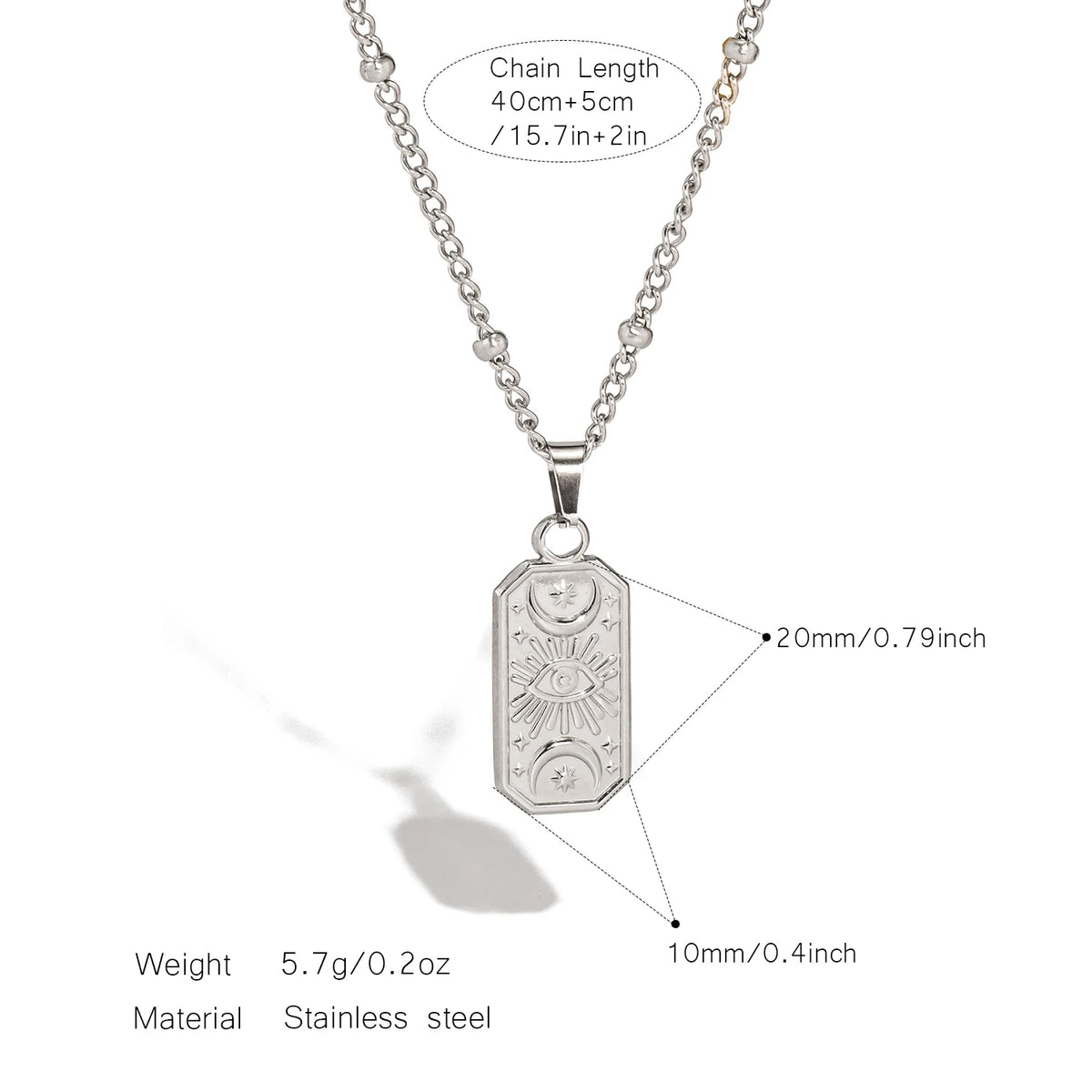 Silver evil eye pendant necklace with chain length and material details