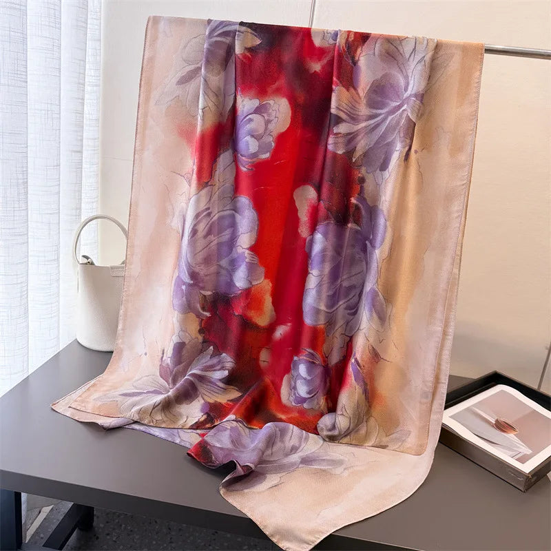 Light Blue Floral Silk-Blend Long Scarf