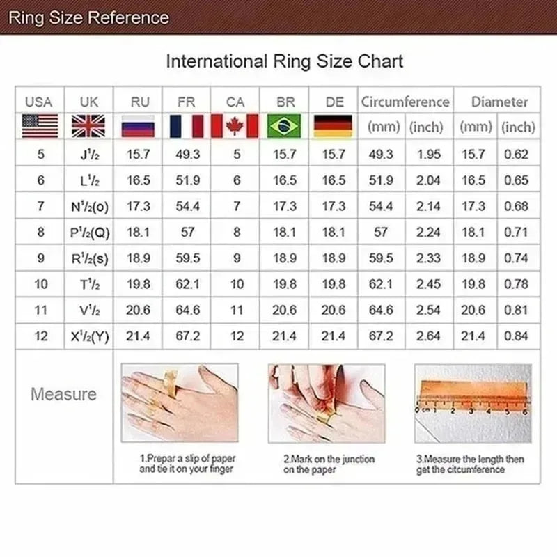 International ring size chart for measuring finger size