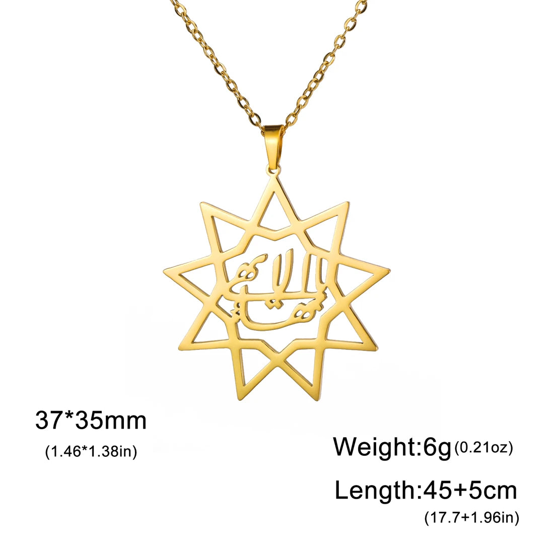Gold star-shaped pendant necklace with measurements on a white background