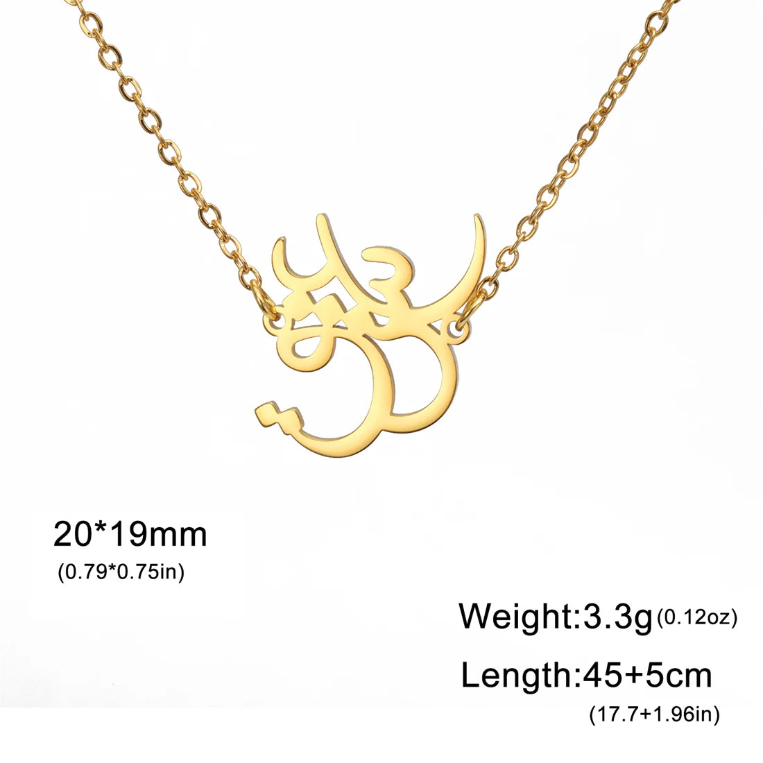Gold Om symbol pendant necklace on a white background with text showing dimensions (20*19mm), weight (3.3g), and length (45+5cm).