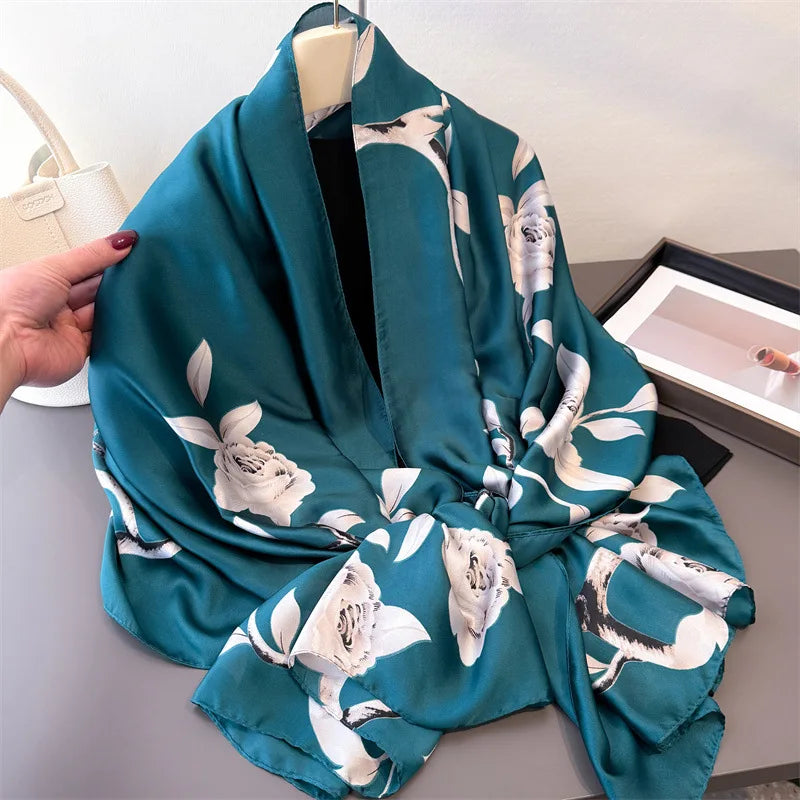 Light Blue Floral Silk-Blend Long Scarf by Adrissa Design — view 3