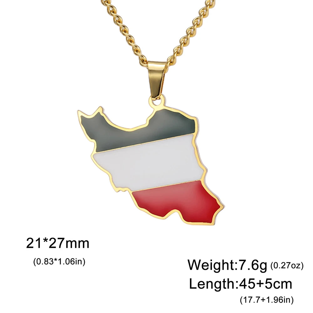 Gold-tone necklace with a pendant shaped like the map of Iran, filled with the Iranian flag colors (black, white, red) on a white background with product specifications text.