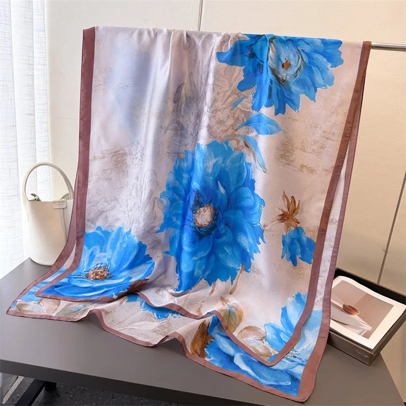 Light Blue Floral Silk-Blend Long Scarf