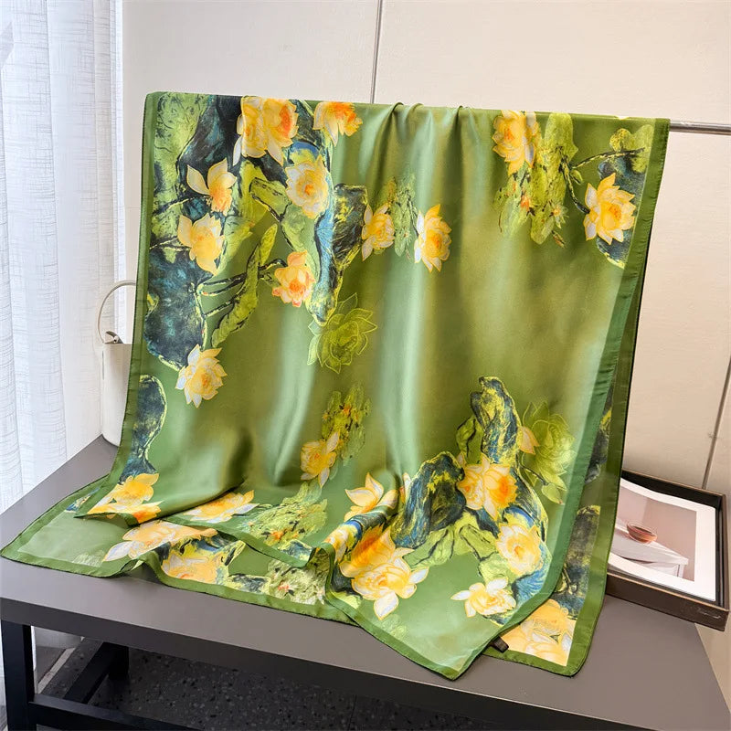 Light Blue Floral Silk-Blend Long Scarf