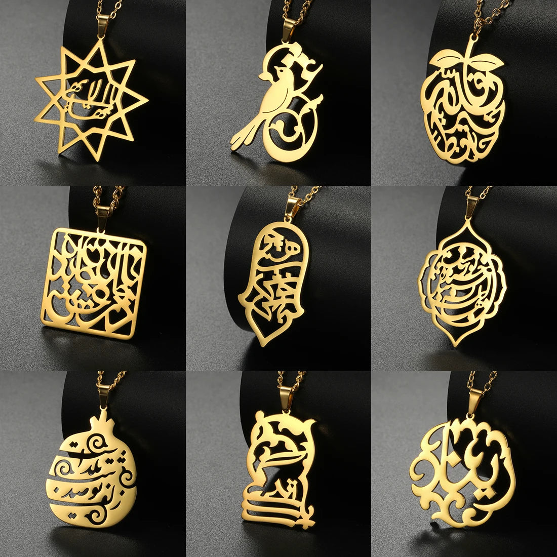Collection of gold pendants on a dark background