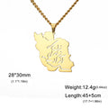 Gold-tone necklace with a map-shaped pendant featuring Arabic calligraphy, shown on a white background with size, weight, and length text overlays.