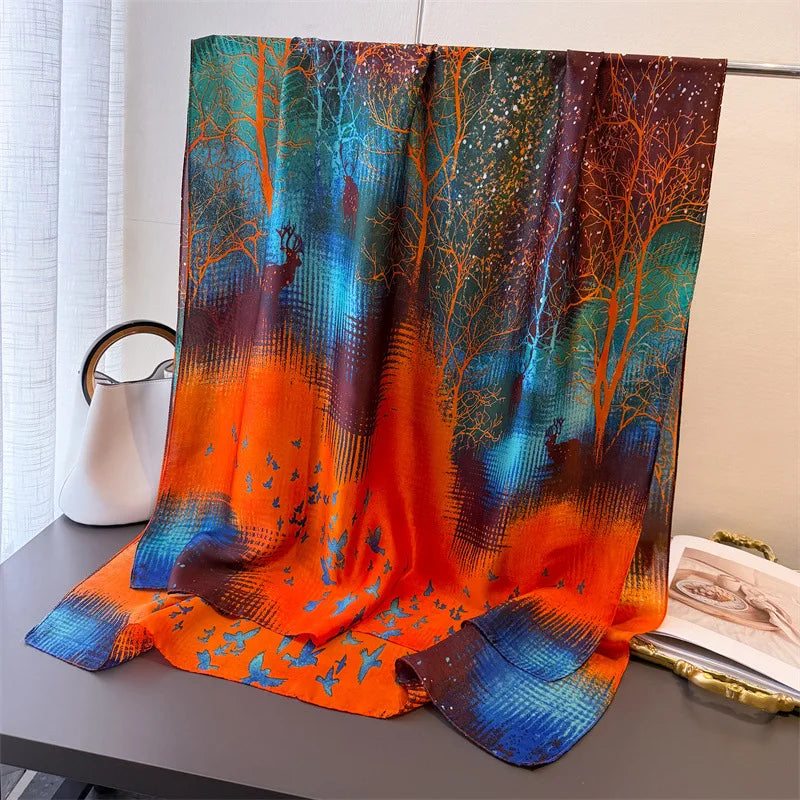 Light Blue Floral Silk-Blend Long Scarf