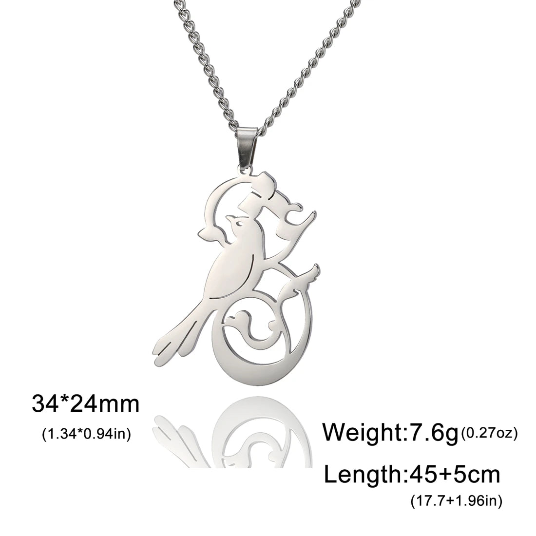 Silver pendant necklace with detailed design on a white background