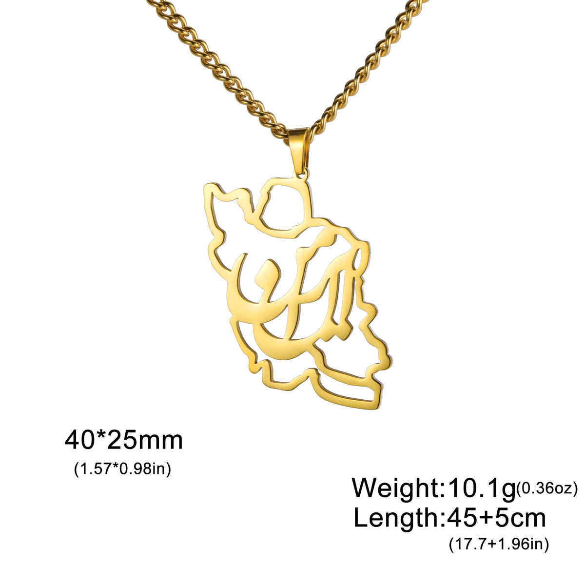Gold pendant necklace with detailed design on a white background